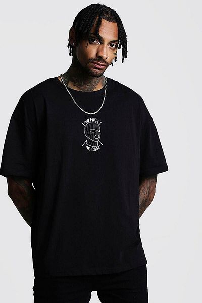 VBSVİBES Tricou tricotat unisex negru oversize No Case No Face imprimat