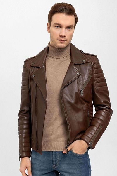 Deriderim Cognac Biker Men's Genuine Leather Coat