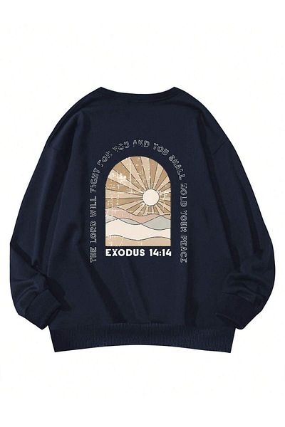 DUBU BUTİK Exodus 14:14 Winter Thick Sweatshirt - Navy Blue Printed Oversize Thick Winter Crew Neck