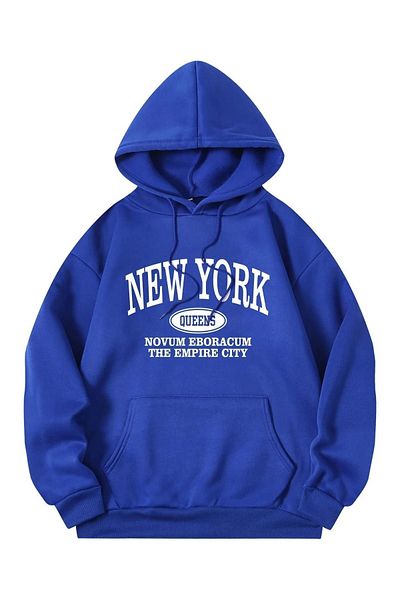 DUBU BUTİK New York Queens Sweatshirt - Sax Blue Printed Oversize Hoodie