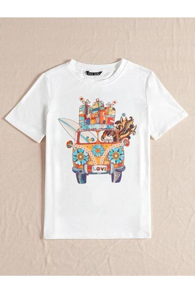 VBSVİBES Women's White Oversize Woswos Printed T-shirt