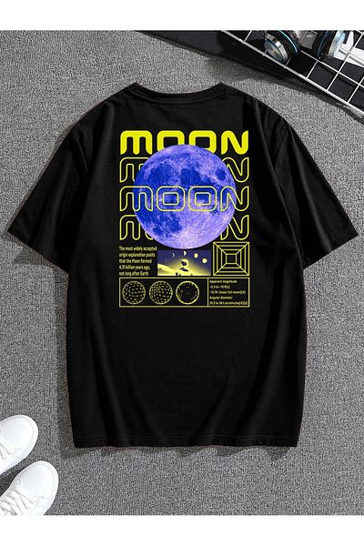 VBSVİBES Unisex Oversize Moon Printed Black T-shirt