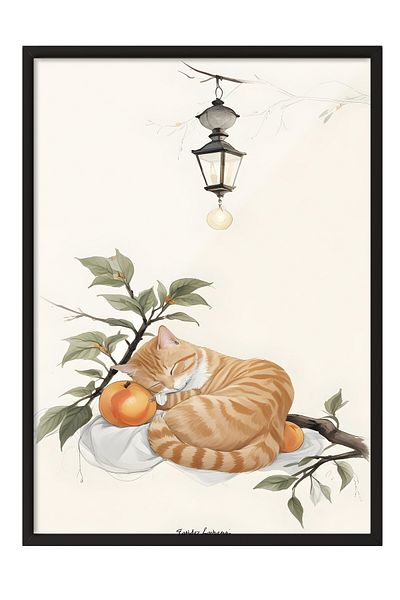 Postifull Pictură cu cadru negru, pisica portocalie Sleeping With Orange, pictură de perete pentru bucătărie din seria Comfort, NR:1091
