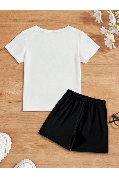 DUBU BUTİK Losangeles Cotton Kids Set - Black Shorts and White T-shirt Printed, Summer Crew Neck for Boys and Girls