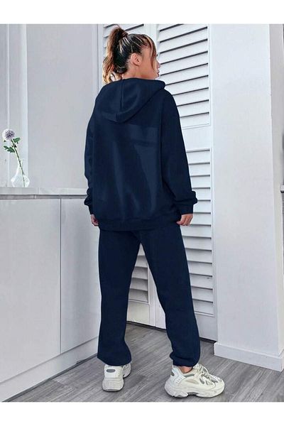 DUBU BUTİK Navy Blue Happiness Women's Tracksuit Set - Printed Oversize