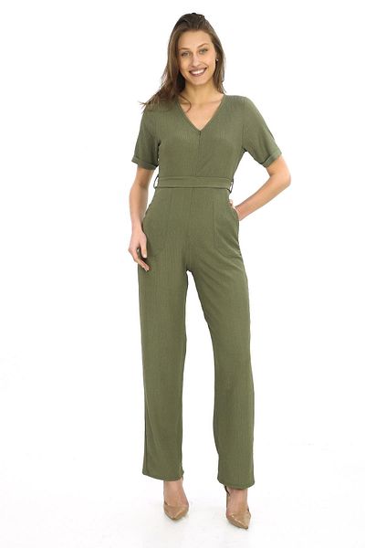 penyebizden Women's Crepe Overalls with Waist Belt and Zipper-Khaki