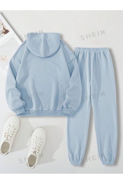 DUBU BUTİK Βασικό Σετ Φούτερ Jogger - Baby Blue Oversize Hooded