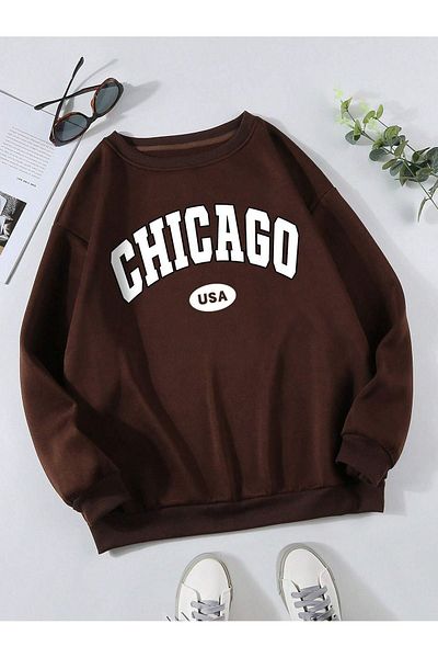 DUBU BUTİK Φούτερ Chicago Usa - Καφέ στάμπα Oversize Crew Neck