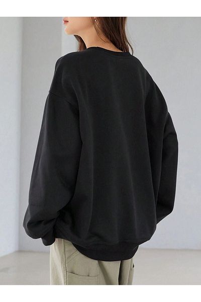 DUBU BUTİK Solid Color Sweatshirt - Black Oversize Thick Winter Crew Neck