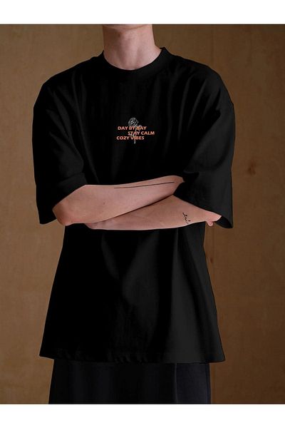 VBSVİBES Unisex Black Oversize Day Vibes Rose Printed Knitted T-shirt