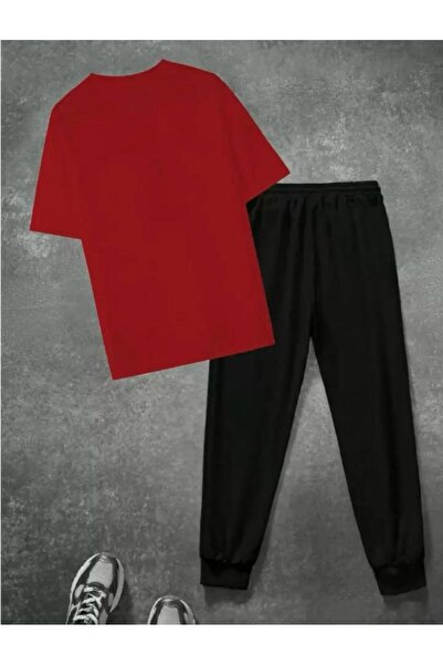 SKYLİGHT Red Oversize Brooklyn Print T-Shirt - Black Jogger Sweatpants Set