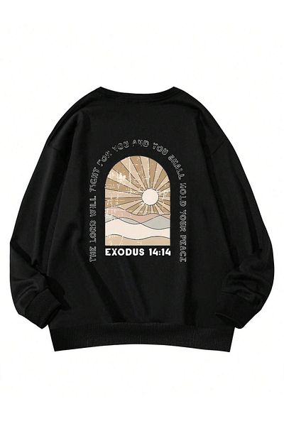 DUBU BUTİK Exodus 14:14 Winter Thick Sweatshirt - Black Printed Oversize Thick Winter Crew Neck