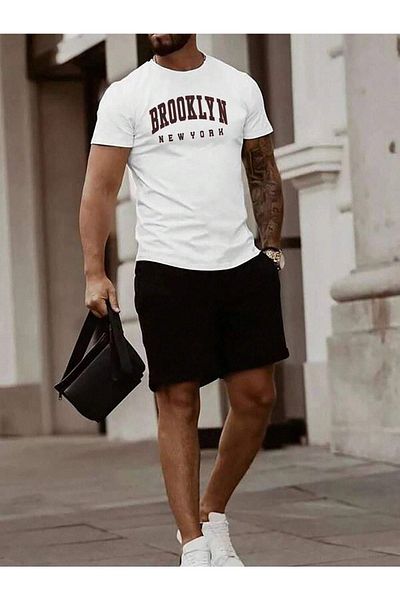 CLAYES Brooklyn New York T-Shirt Shorts - White Black Bottom Top Team Shorts T-Shirt Combo Printed Crew Neck