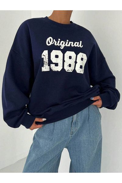 DUBU BUTİK Γνήσιο φούτερ 1988 - Navy Blue Printed Oversize Χοντρό χειμερινό λαιμόκοψη