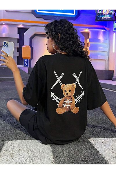 DUBU BUTİK Μπλουζάκι X Bear Single Jersey - Μαύρο εμπριμέ κοντομάνικο μπλουζάκι με λαιμόκοψη