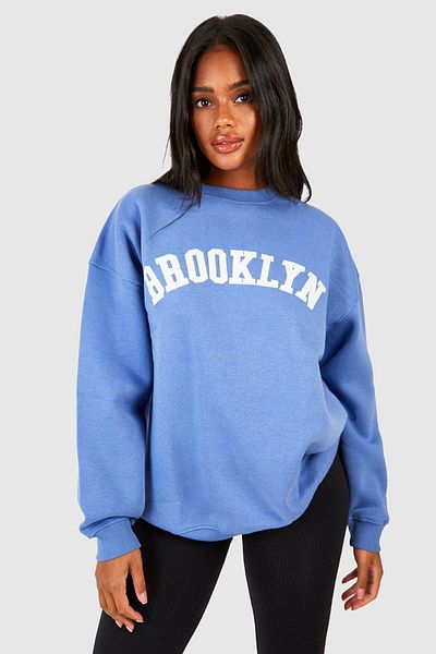 DUBU BUTİK Brooklyn Written Sweatshirt - Baby Blue Printed Oversize Χοντρό χειμερινό λαιμόκοψη