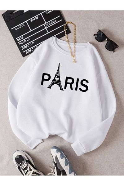 DUBU BUTİK Paris Eiffel Sweatshirt - White Printed Oversize Crew Neck