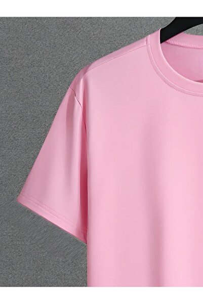 CLAYES New Desıgn T-Shirt Şort - Pembe Alt Üst Kombin Şort Tişört Takım Baskılı Oversize Bisiklet Yaka