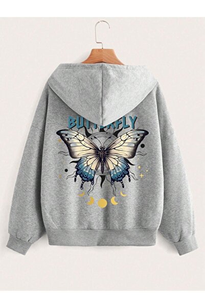 DUBU BUTİK Butterfly Text Pattern Cardigan - Gray Printed Oversize Hoodie
