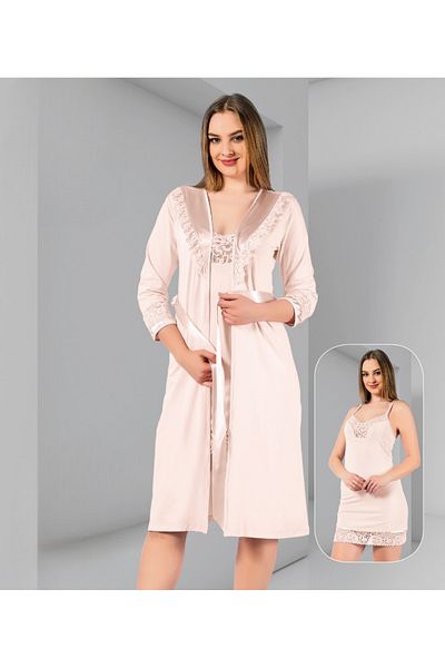 Miss Dünya Lissa طقم ثوب نوم متوسط ​​الطول مع فستان نوم بحزام مزين بالدانتيل
