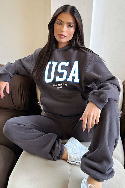 CLAYES Σετ φόρμας Usa Sweatshirt Jogger - Smoked Printed Oversize Raised Hooded