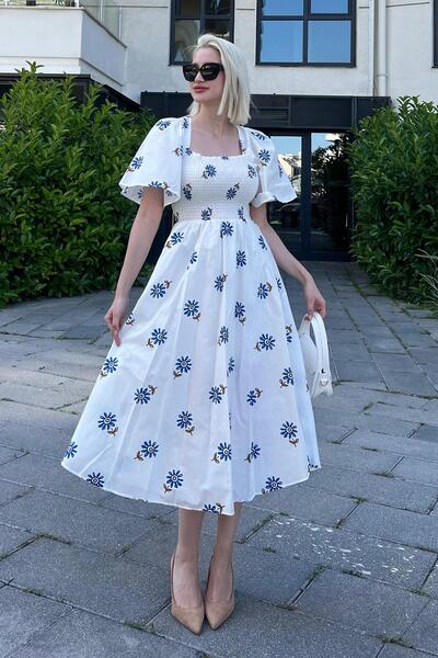 Madmext Modré vzorované elastické midi šaty v pase - MG2101