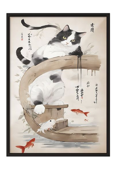 Postifull Pictură cu cadru negru, Cat On A Japanese Tree, Pictură de perete pentru bucătărie din seria Comfort, NR:109163