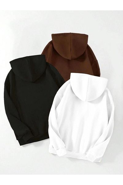DUBU BUTİK 3-Piece Plain Basic Thick Winter Sweatshirt - Black Brown White Oversize Hood