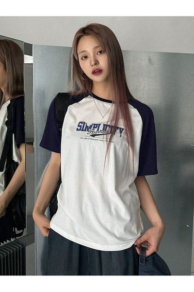 DUBU BUTİK تي شيرت Simplicity Segmented Single Jersey - أبيض كحلي مطبوع كبير الحجم برقبة دائرية وأكمام قصيرة