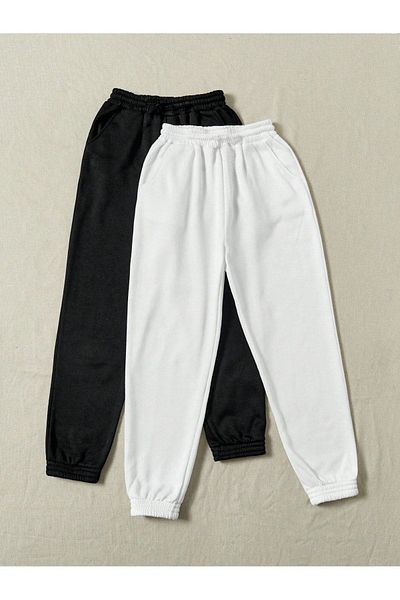 Sweetline 2-Pece Basic Straight Sweatpants Jogger - Ασπρόμαυρο ελαστικό πόδι ψηλόμεσο