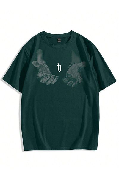 CLAYES Men's Hand Print Oversize Nefti Green Printed T-shirt - Crew Neck Short Sleeve Comfortable Fit T-Shirt
