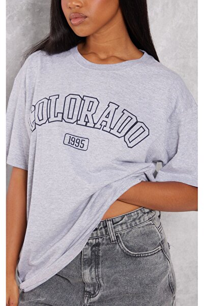DUBU BUTİK 1995 Model Colorado Single Jersey Gray Oversize T-Shirt - Crew Neck, Short Sleeve