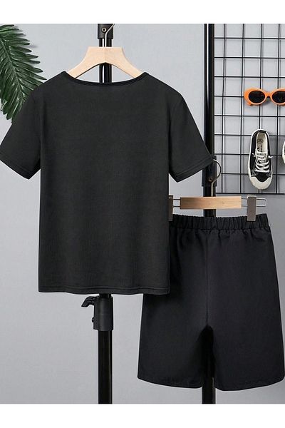 DUBU BUTİK Losangeles Printed Black Cotton Children's Shorts and T-shirt Set - Crew Neck