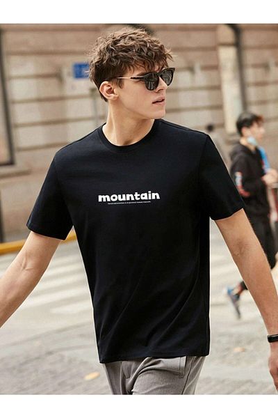 VBSVİBES Men's Black Oversize Mountain Printed T-shirt