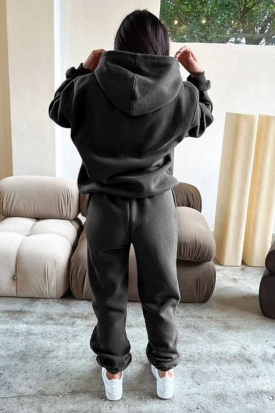 DUBU BUTİK Basic Απλό Σετ Φούτερ Jogger - Anthracite Oversize Raised Hooded