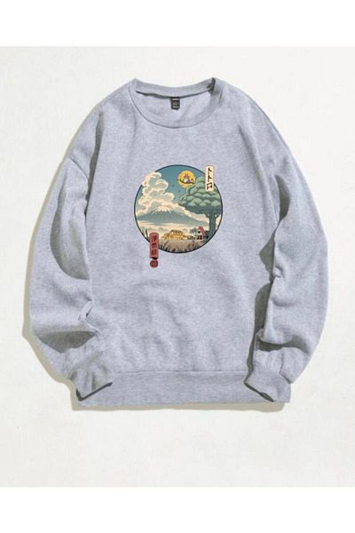 DUBU BUTİK Anime Toroto Design Sweatshirt - Gray Printed Oversize Thick Winter Crew Neck