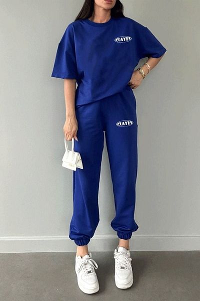 CLAYES Λογότυπο T-Shirt Φούτερ Jogger- Μπλε στάμπα στο κάτω μέρος Σετ φούτερ Oversize Crew Neck