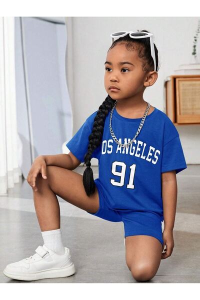 CLAYES Los Angeles 91 з принтом - Дитячий бавовняний літній комплект, шорти Saks Mavi та футболка, комір-стійка