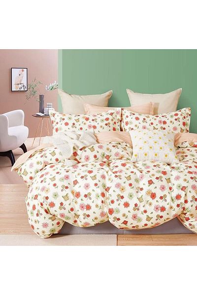 Pucioasa Double percale bed linen 6 pieces 100% cotton, pink and yellow flowers
