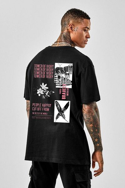 VBSVİBES Tricou negru oversize cu imprimeu Bravely pentru bărbați