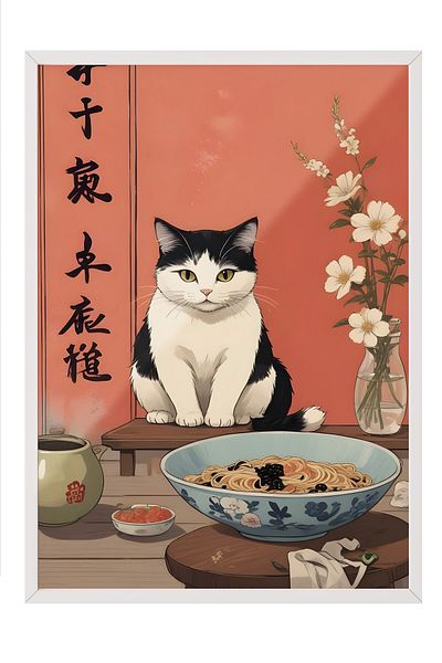 Postifull Pictură cu cadru alb, A Cat For A Ramen, Pictură de perete pentru bucătărie din seria Comfort, NR:109161
