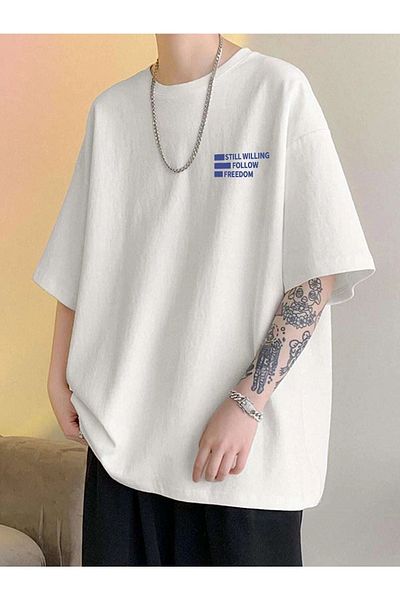 VBSVİBES Tricou alb tricotat unisex cu imprimeu „Still Follow Freedom” supradimensionat