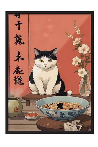 Postifull Pictură cu cadru negru, A Cat For A Ramen, Pictură de perete pentru bucătărie din seria Comfort, NR:109161