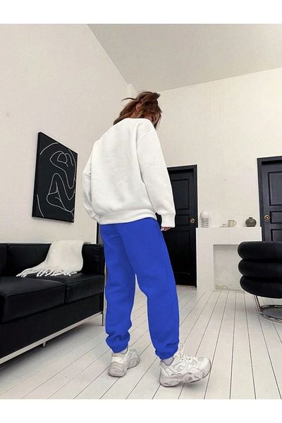 CLAYES Brooklyn Tracksuit Set White Sweatshirt Sax Blue Jogger - Printed Oversize Hooded Crew Neck
