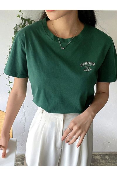 DUBU BUTİK Sunshine 1982 Single Jersey T-Shirt - Nefti Green Printed Oversize Crew Neck Short Sleeve T-Shirt