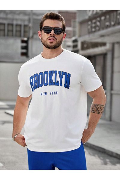 DUBU BUTİK Brooklyn Sax Blue Tracksuit Set - White T-shirt, Oversize Crew Neck Sweatpants