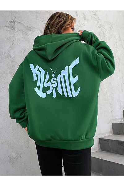 CLAYES Women's Green Kiss Me Oversize Hooded Sweatshirt
