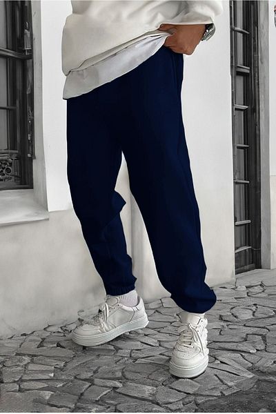 DUBU BUTİK Smile Face Sötétkék Jogger vékony melegítőnadrág - elasztikus lábnyomott, kényelmes stílus, lábnyomat részleteivel