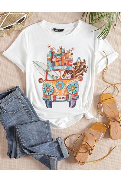 VBSVİBES Women's White Oversize Woswos Printed T-shirt