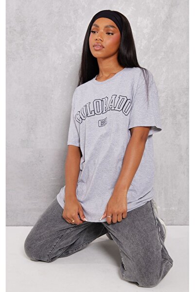 DUBU BUTİK 1995 Model Colorado Single Jersey Gray Oversize T-Shirt - Crew Neck, Short Sleeve